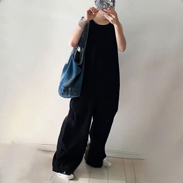 新品 サロペット オールインワン ノースリーブ パンツ オーバーオール ワイド ブラック 黒 M