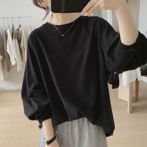 新品 七分袖Tシャツ カットソー プルオーバー クルーネック ブラック 黒 ランタン袖 シンプル FREE