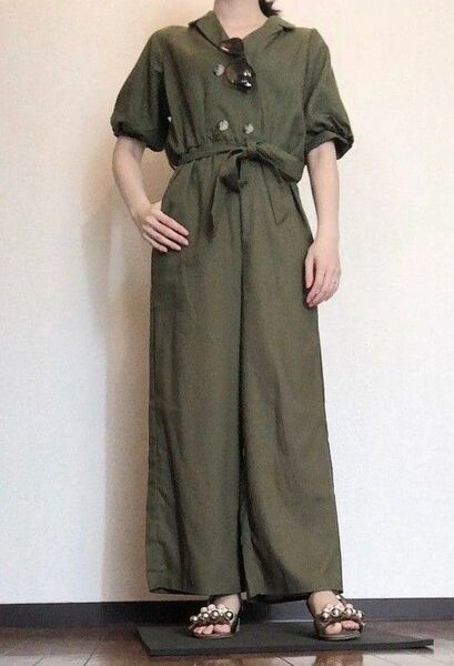美品 麻混サロペット オールインワンつなぎ ブラック M