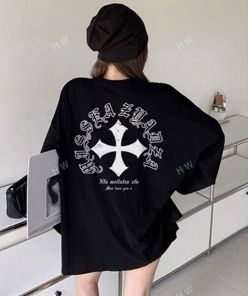長袖 ロンT Tシャツ 黒 シャツ バックプリント レディース ファッション トップス 十字架 カジュアル M