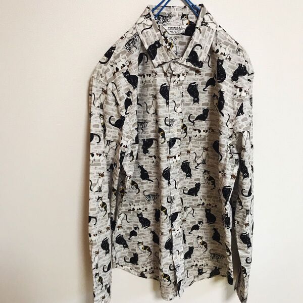 猫柄シャツ ねこ ネコ cat グレー 灰色 長袖シャツ