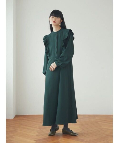 新品タグ付】特価】armonia.フリルモックネックワンピース 長袖ワンピース FREE シャツワンピース Aライン フリル