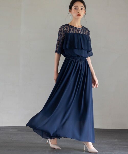 美品】特価】DRESS+ 胸元フリルレースワンピース ネイビー ドレス ワンピース 半袖ワンピース 半袖 ネイビー ロング ミモレ