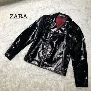 極美品】特価】ZARA エナメルビニールダブルライダースジャケット L ライダース ブラック ジャケット ライダースジャケット