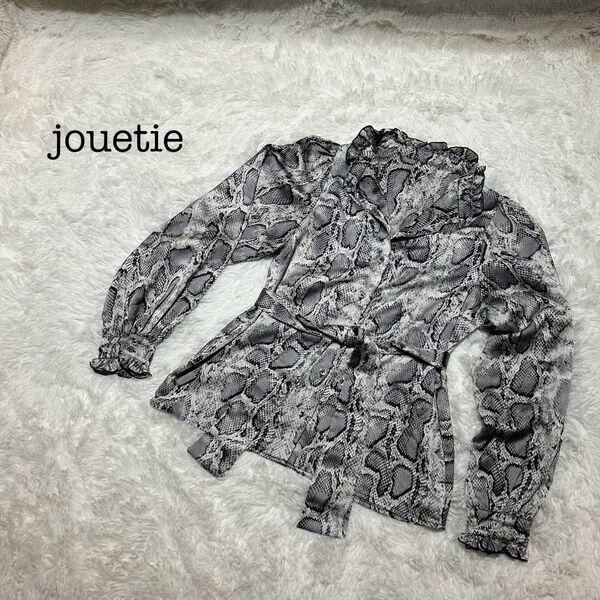 美品】特価】jouetie ジュエティ スタンドカラーリボンブラウス M シャツ 長袖 トップス 長袖シャツ 総柄 ヘビ柄