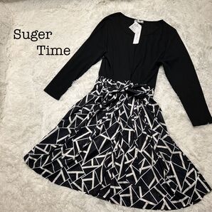 新品】Sugar Time シュガータイム 幾何学模様 ニットワンピース 5L ワンピース ドッキング 長袖 ブラック 幾何学