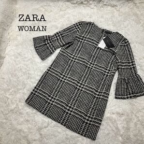 新品】特価】ZARA 千鳥柄 ミニワンピース フレアスリーブ ワンピース 総柄 長袖 チェック風 ブラック チェック柄 ノーカラー