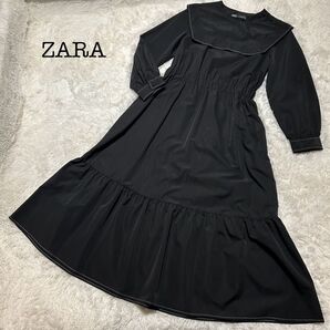 特価】ZARA セーラーカラーティアードワンピース ロングフレア マキシ丈 S 長袖ワンピース ワンピース ロング 長袖 フリル