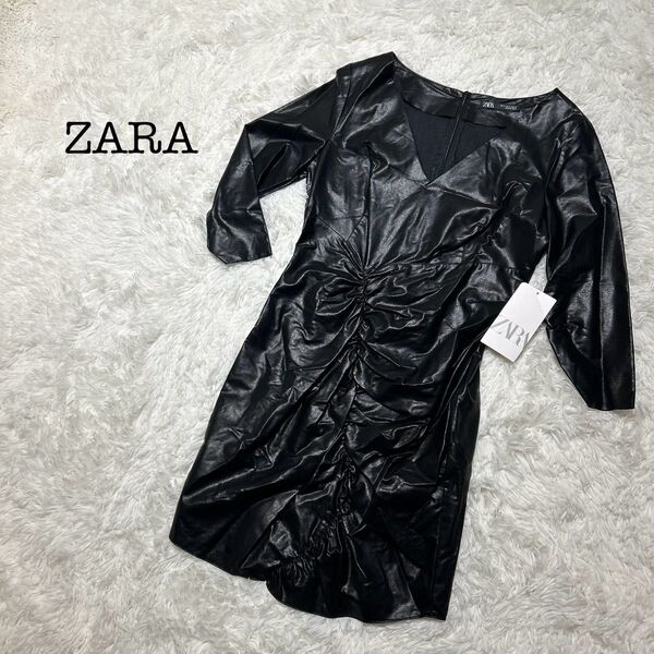 新品タグ付】特価】ZARA フェイクレザー ワンピース M ワンピース ひざ丈 黒 ブラック レザー風 レザー ザラ 膝丈