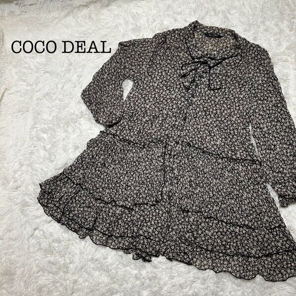 特価】COCO DEAL ワンピース ブラウス 総柄 花柄 リボン トップス シャツ 長袖 長袖シャツ ワンピース ブラック 白