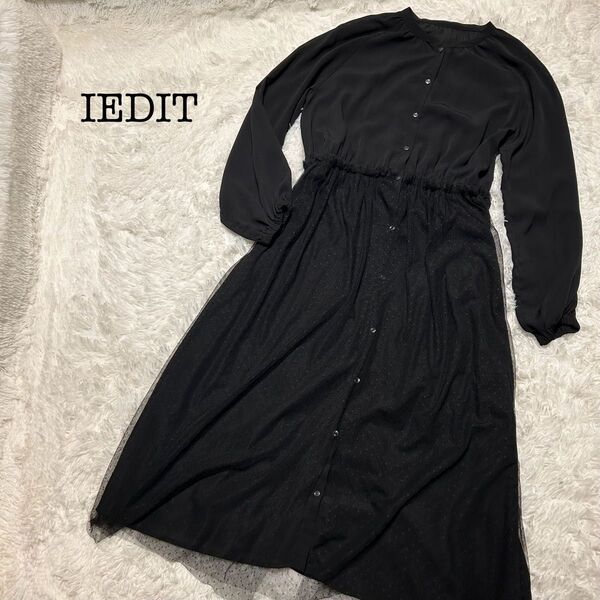 特価】IEDIT イディット ロングワンピース レース 水玉 ドット柄 LL 長袖ワンピース ロング ワンピース シャツ 長袖