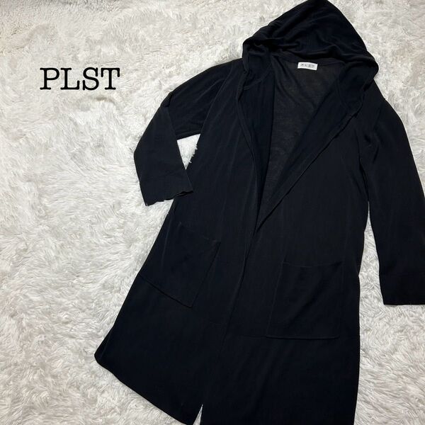 美品】特価】PLST ロングカーディガン フード付き ブラック M カーディガン ブラック ロング ニット 黒 羽織り ガウン