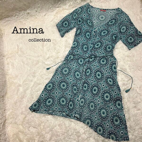 美品】特価】Amina チュニック マンダティカ アジアン エスニック 総柄 ワンピース 半袖 プリント柄 大人 カジュアル 花柄