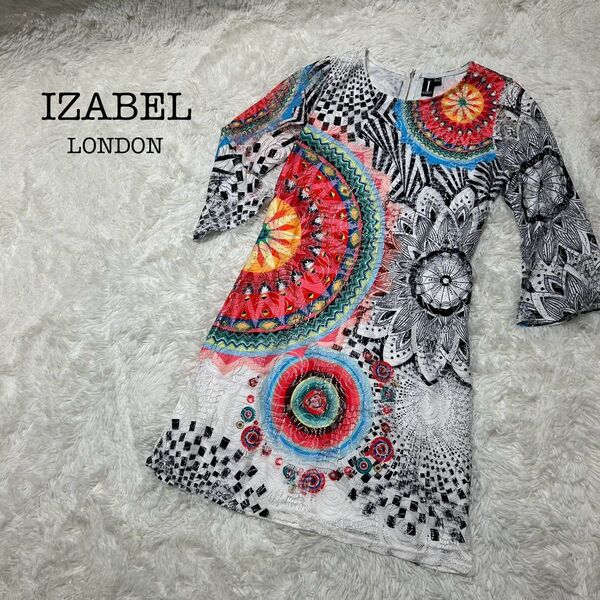特価】IZABEL LONDON イザベル 総柄 デザイン ワンピース 長袖 チュニック 七分袖 花柄 ワンピース 幾何学模様