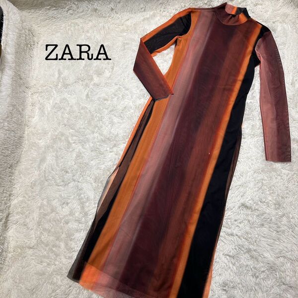 特価】ZARA プリント柄チュールワンピース S ザラ ブラック オレンジ ロング ワンピース 黒 ロング丈 マキシ丈 マキシ