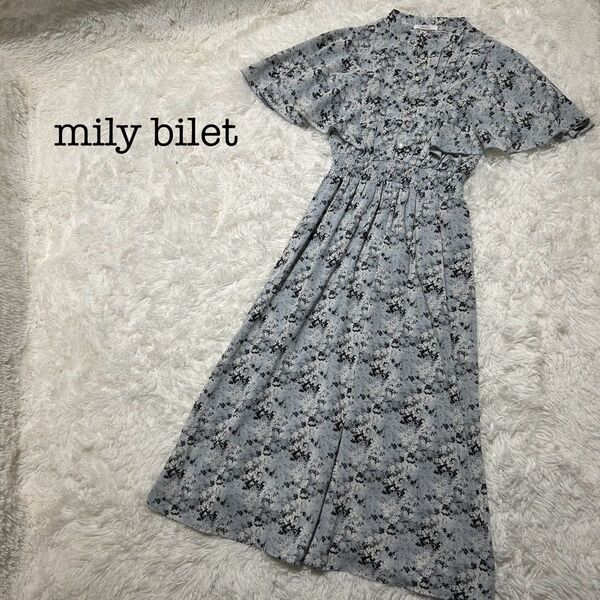 特価】mily bilet ワンピース 半袖 フリル 花柄 シャツ M 春夏 総柄 ロングワンピース ロング丈 Aライン