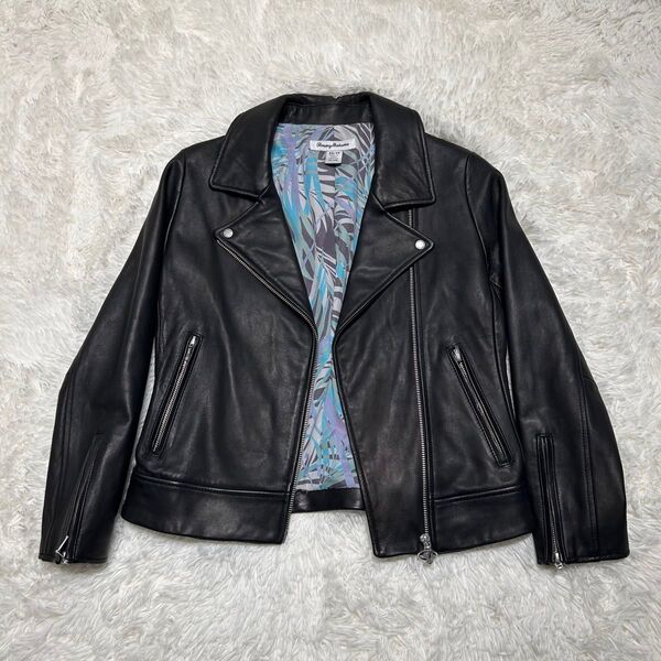 美品】特価】Tommy Bahama ライダースジャケット ラムレザー XS ダブル ブラック 羊革 本革 黒 アウター