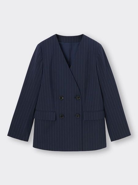 美品】特価】GU ダブルブレストノーカラージャケット ネイビー M ノーカラージャケット 紺 紺ブレ ダブル ストライプ
