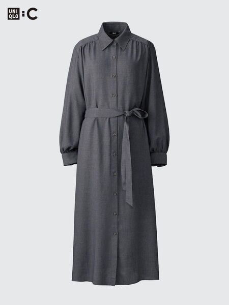 新品タグ付】特価】UNIQLO C ベルテッドシャツワンピース グレー M 長袖 ワンピース シャツワンピース ロング ロング丈