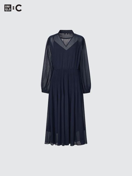 完売品】美品】特価】UNIQLO シフォンプリーツワンピース L ネイビー ワンピース ネイビー ロング 長袖ワンピース 長袖