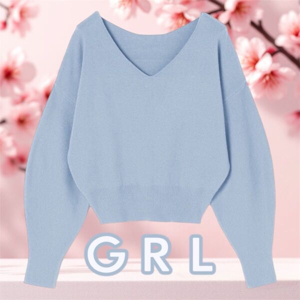 GRL グレイル ニット セーター Vネック トップス サマー ライトブルー レディース ブルベ 骨スト 長袖