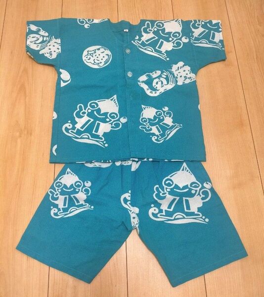 キッズ 魚河岸 甚平 上下 85~95 サイズ2 ターコイズブルー