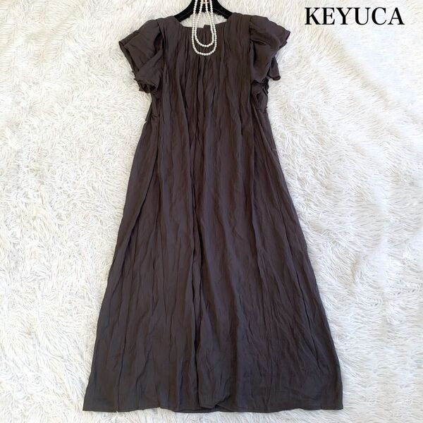 KEYUCA ケユカ ラッフルスリーブ ロングフレアワンピース ギャザー フリーサイズ フリルスリーブ チャコールグレー