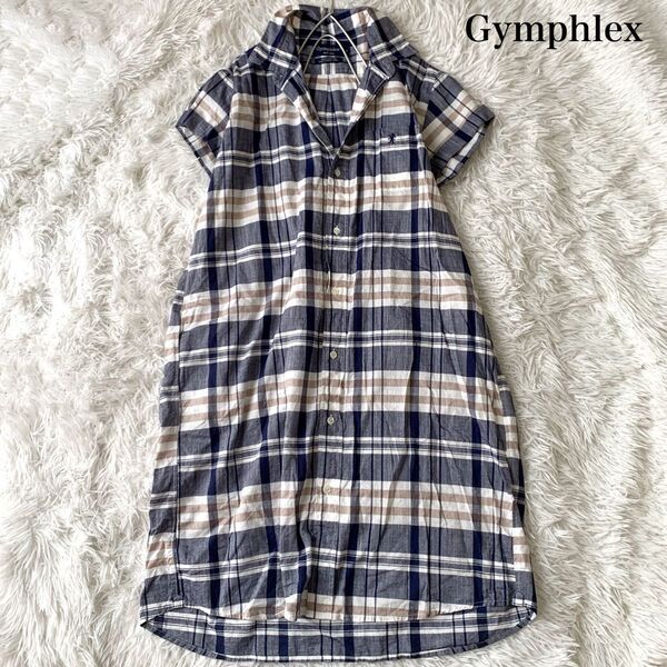 Gymphlex ジムフレックス ロゴ刺繍 コットンシャツ 半袖ワンピース マドラスチェック 12サイズ オーバーサイズ