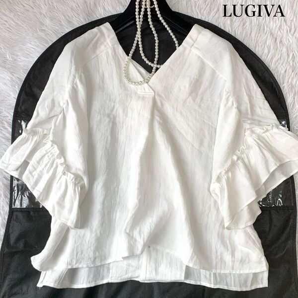 LUGIVA ルギヴァ フリルスリーブ バックボタン シャツブラウス フレアスリーブ 38サイズ 七分袖 ゆったり
