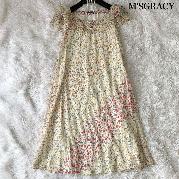 M'SGRACY エムズグレイシー 小花柄 シフォン 膝丈ワンピース Aライン フリル フラワー 40サイズ