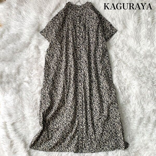 KAGURAYA かぐらや 花柄 バンドカラー ロングシャツ ワンピース ギャザー Mサイズ ゆったり オーバーサイズ コットン