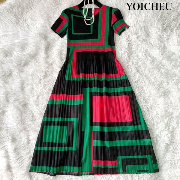 YOICHEU 幾何学 総プリーツ ロングワンピース フレア 総柄 ストレッチ フリーサイズ 半袖