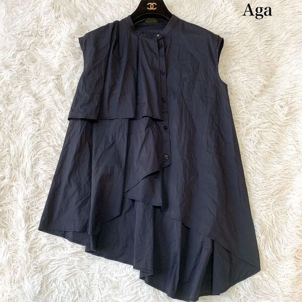 Aga アーガ ヤマダヤ バンドカラー アシンメトリーデザイン シャツブラウス ストレッチ 金ボタン M 定価1.6万
