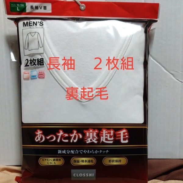 ①メンズ 紳士 インナーウェア 長袖 V首シャツ 保温 吸水速乾 Lサイズ 2枚組 裏起毛 CICA ポリエステル100%