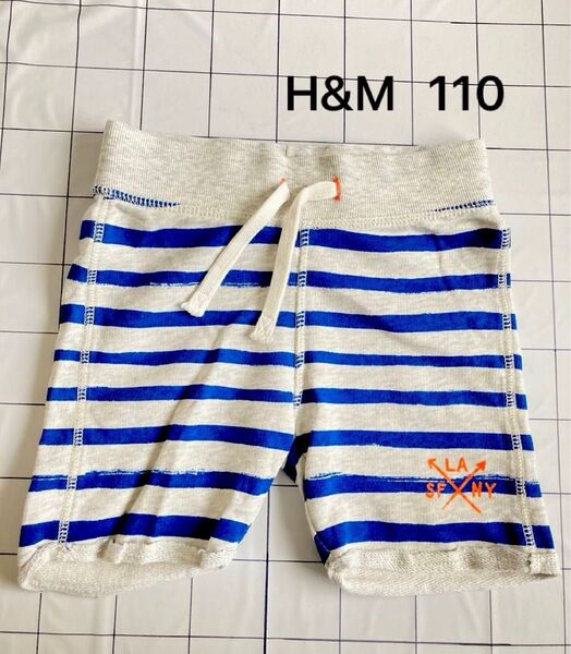 H&M ハーフパンツ 110★薄グレー地 青ボーダー スウェット 半ズボン 短パン