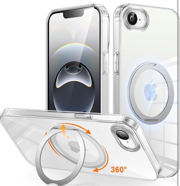 iPhone 16e 用ケース Magsafe 360°回転スタンド クリア」