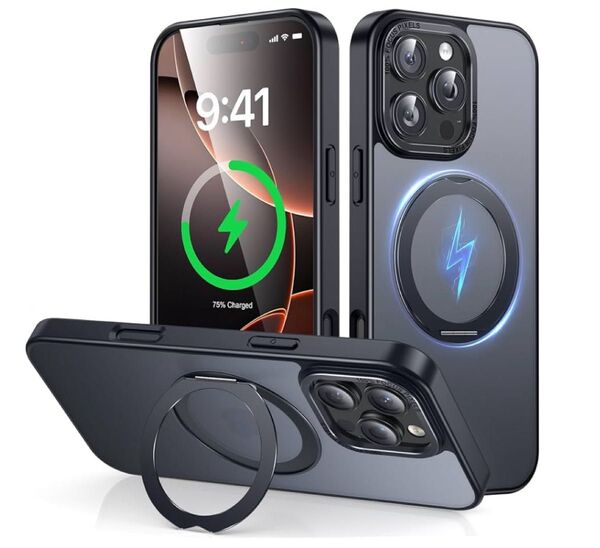 iPhone 16 Pro Max 用 ケース Magsafe対応 ワイヤレス充電 360°回転スタンド 縦横両対応「ブラック」