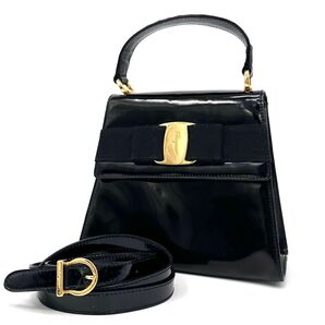 Ferragamo フェラガモ ヴァラリボン ハンドバッグ 2way ショルダーバッグ パテントレザー 黒 ブラック ゴールド金具