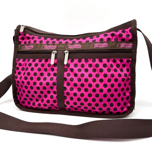 【美品】LESPORTSAC レスポートサック ショルダーバッグ ドット柄 大容量 濃いめのピンク 焦茶 ダークブラウン 斜め掛け