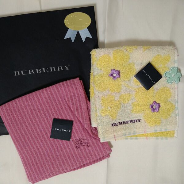 新品未使用 バーバリー BURBERRY タオルハンカチ 計2枚セット レディース ピンク ボーダー イエロー 花柄 ガーゼパイル