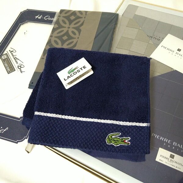 新品未使用 LACOSTE ラコステ タオルハンカチ ネイビー 他 ハンカチ 計6枚セット 紳士 メンズ