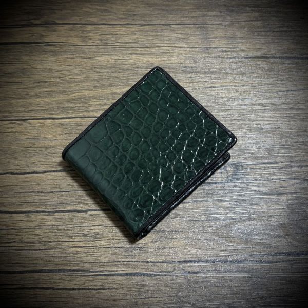シャイニング クロコダイル メンズ財布 エナメル加工 折財布 二つ折り ワニ 本革 本物証明付 腹部 一枚革 緑 ダークグリーン ③