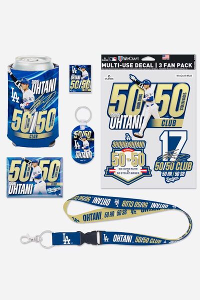 MLB公式 大谷翔平 50/50 6点セット ステッカー 缶ホルダー マグネット ピンバッジ ネックストラップ キーホルダー