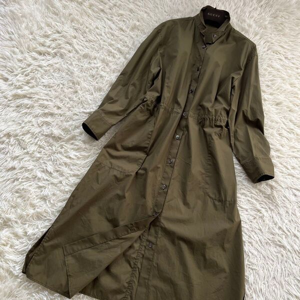23区 ニジュウサンク ロングシャツワンピース ウエストギャザー カーキ 伸縮性