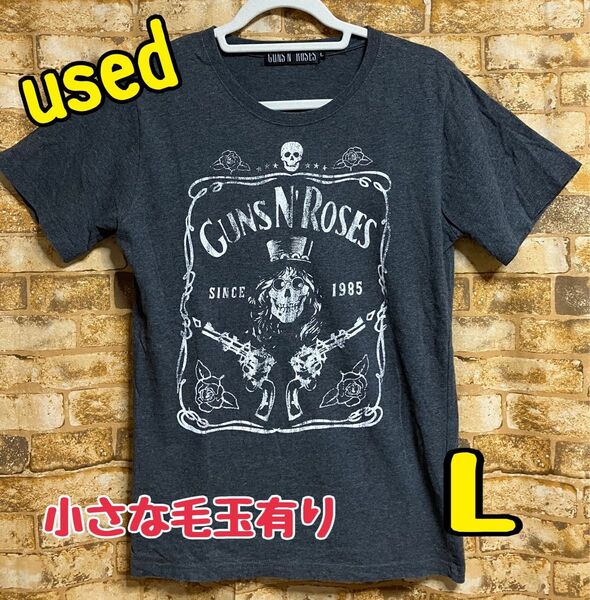 used しまむら購入 メンズ プリント 半袖Tシャツ L グレー 細身 薄っすら毛玉有り