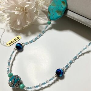 新品 ホタル石(とんぼ玉)1139手作りターコイズ&インドネシアビーズロングネック