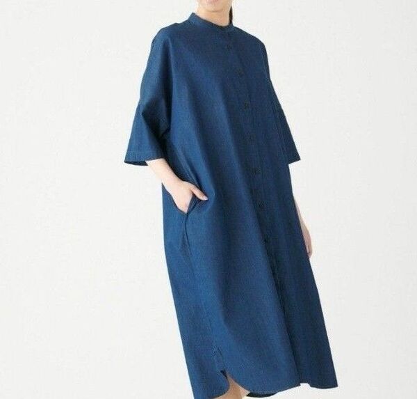 無印良品インド綿デニムスタンドカラーワンピース