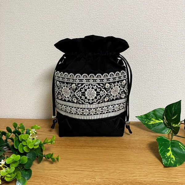 015 インド刺繍リボンの巾着バッグM ハンドメイド ショルダーバッグ ポシェット
