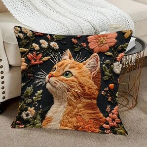 猫 クッションカバー 刺繍風 茶トラ【新品】