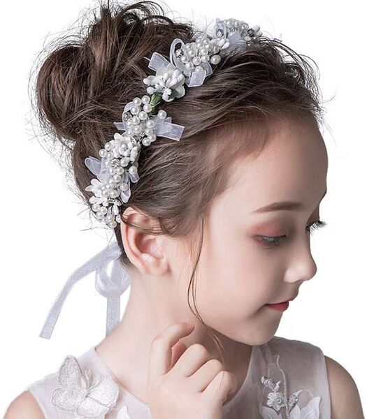 ヘッドドレス 髪飾り 子供 女の子 キッズ ヘアアクセサリー ピンク フラワー ヘアバンド 花刺繍 7連 リボン シンプル